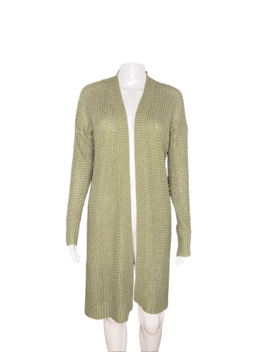Poof Apparel Olive Open-Front Long Knit Cardigan Sweater Size Small